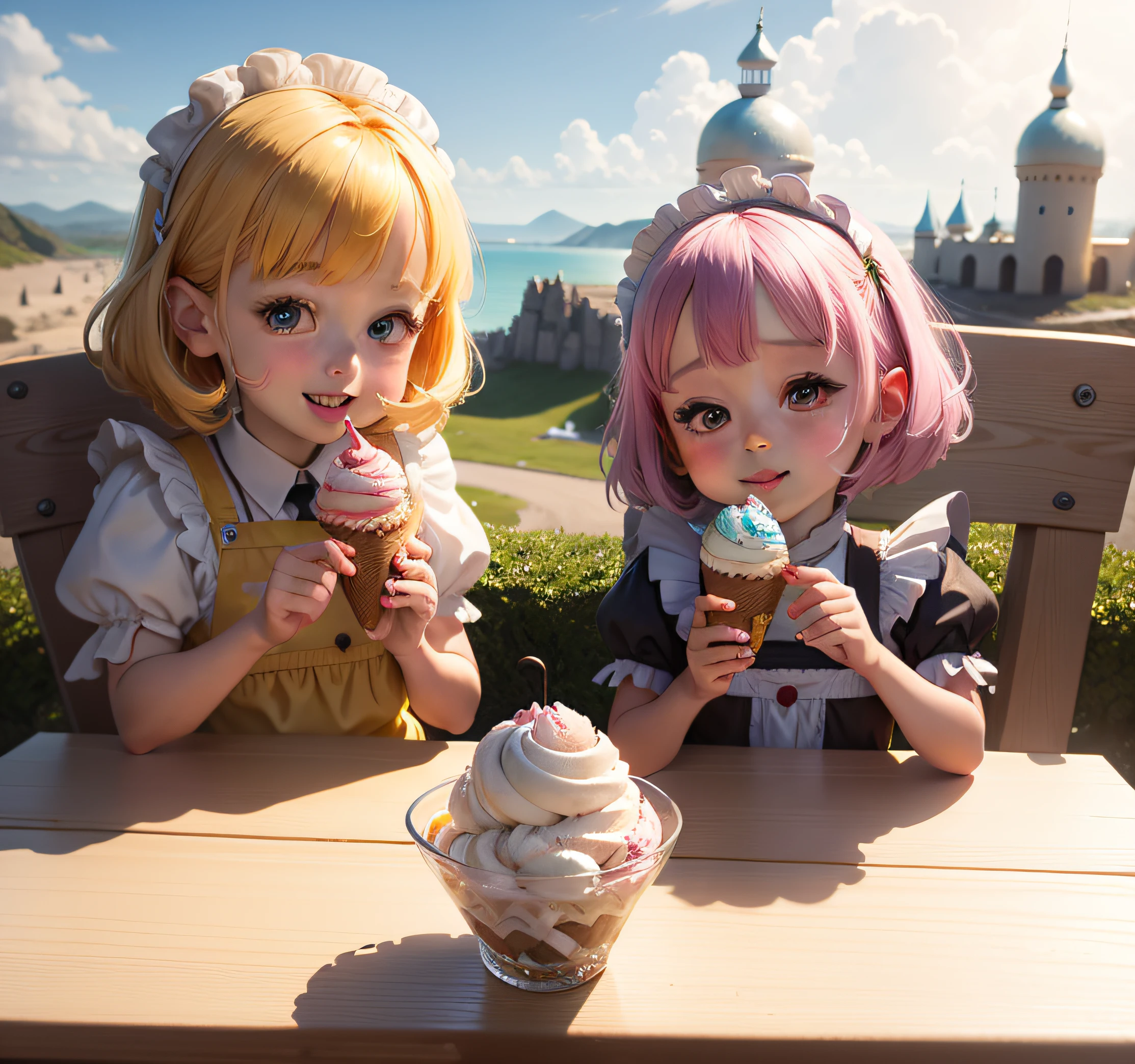 Sunny ice cream castle Two happy ***********s eat delicious ice cream