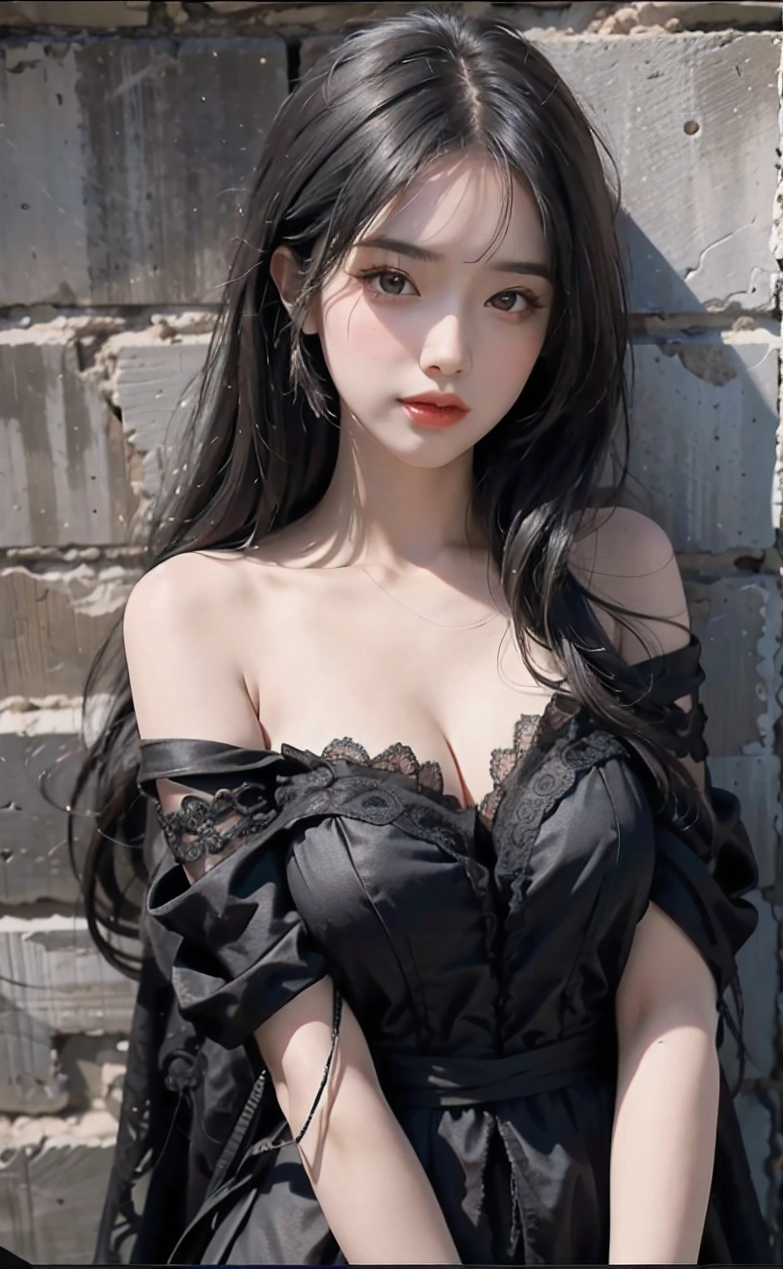 Hyper-realistic, pretty face, black hair, black robe, big boobs, perfect body, standing against the wall