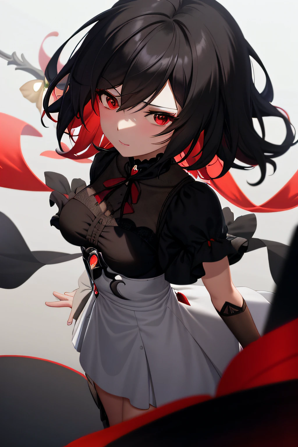 Chica de anime con ojos rojos y vestido negro, con ojos rojos brillantes, Anime Moe Artstyle, Arte Zerochan, con ojos rojos brillantes, Atractivo Matoi Ryuko, Guweiz en Pixiv Artstation, Chica de anime demonio, Matoi Ryuko, Honkai Impact 3rd Art Style Wlop, gris y negro y rojo, Krenzcushart