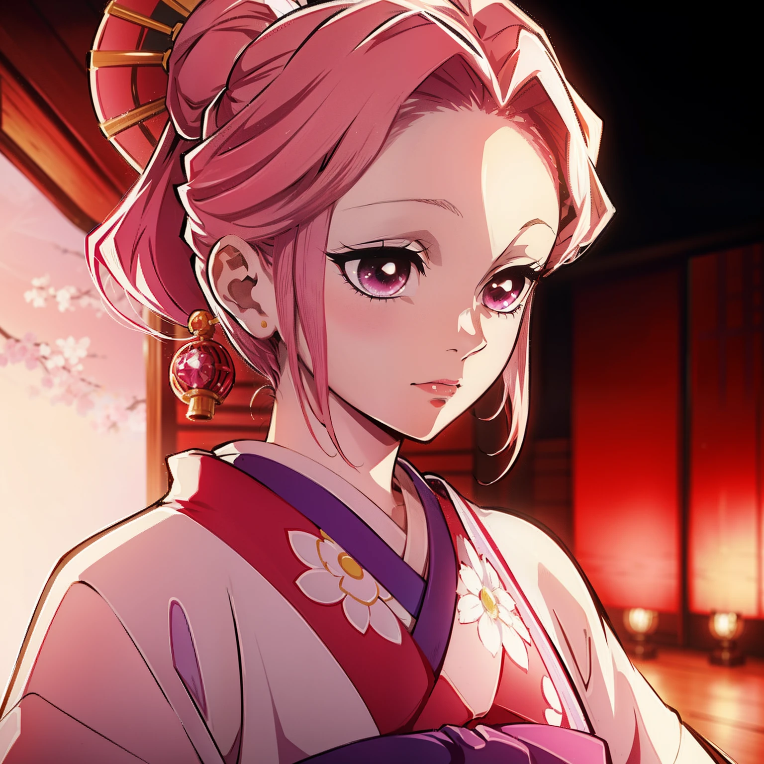 "Kimetsu no Yaiba style, portrays a single geisha girl in a splendid kimono, radiating beauty and elegance with beautiful light pink hair, capturing the essence of a graceful, self-effacing courtesan confident, passionate, flashy and full of energy."