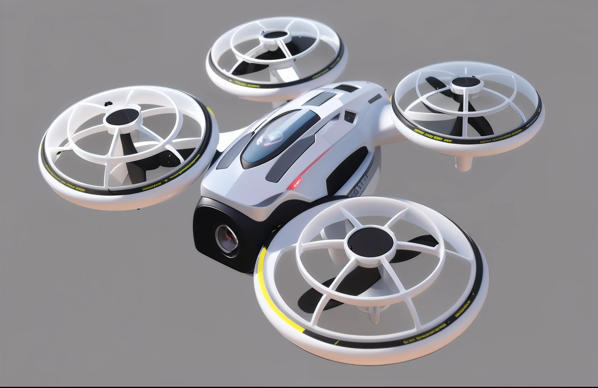 Close up of a small toy flying in the air, UAVs, hovering drone, drone camera angle, high res render, it has six thrusters in the back, rendered in keyshot, Fly drones, cycles 3 d render, flying scifi vehicle, drone point of view, 3 d render n - 9, cycles4d render, 3 d concept render, 3d concept render