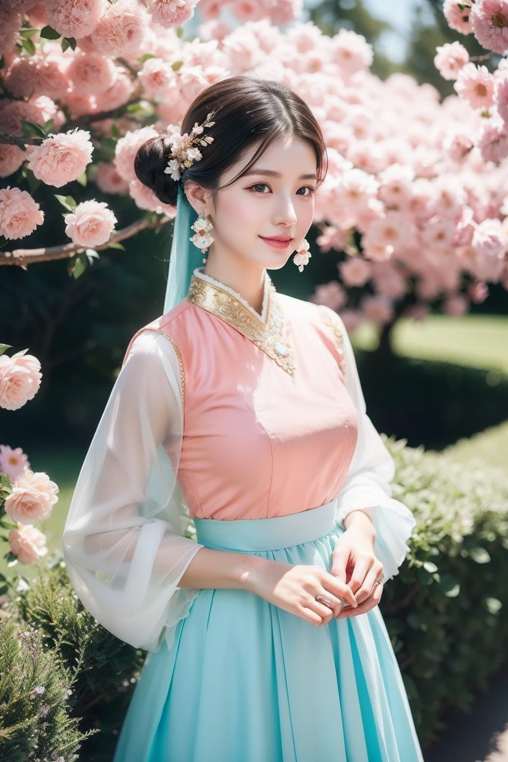 （8K分辨率，close-up all over the body），（1womanl，18yr old，（（Soft and cute，s delicate face，详细的脸），confident smile），Fair smooth skin，（Best Skin Type：1.21），（Vintage bun，Exaggerated traditional hairstyle，Pair it with extremely complex headgear），（（High-end Hanfu skirt，High-waisted skirt：Sui and Tang Dynasty women's popular fashion，The aristocratic grand dress that was popular at the same time，（materpiece：Chiffon，Silky，Ultrathin，softness）），Elongated earrings，（Girl in a sea of flowers，Natural dependence，Naturally placed hands），delicate artwork，perfect hand，Ultra-fine clothing material），（lakeside，Peach blossom forest full of flowers，Exquisite details of the setting），（Professional lighting，动态照明），（（Dignified and elegant，white colors，in pink，cyan colors））），（Golden section，Cinema lenses，Hasselblad photograp，tmasterpiece：1.3），（Fairy style，vintage art，trendsetting，Official propaganda，Art platform）