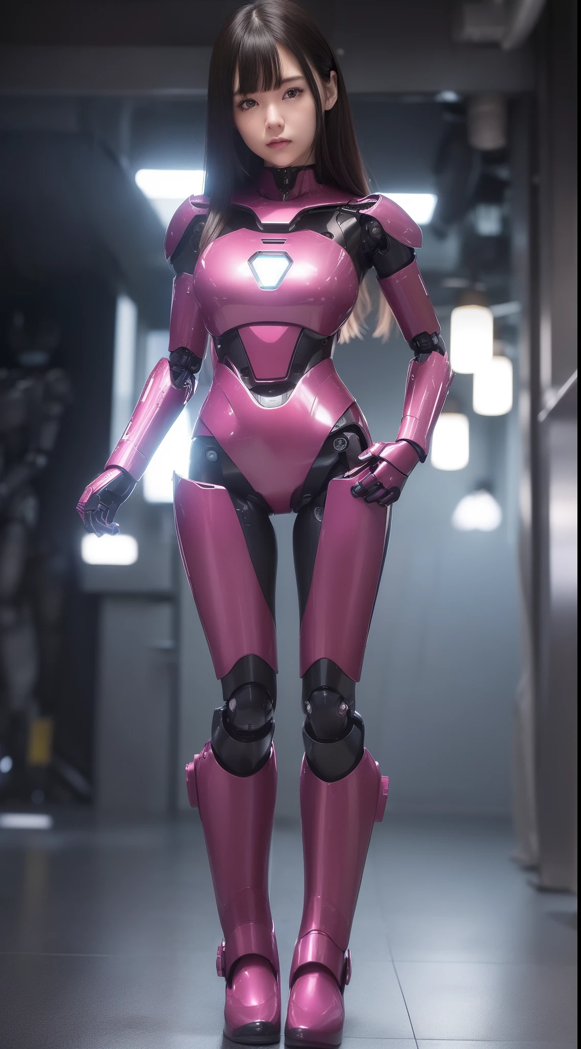 (Photorealsitic:1.4)、one girl、(top-quality)、(hyperdetailed face)、(Super well-formed face)、((Robot Parts))、(Female-Robot)、(27 years-old)、(Blue)、(pink there)、(Burgundy)、(metallic)、(full-body)、(sexy pose)、(Slender body)、(Model body type)、(full body mech)、(mechanical exposure)、(Akihabara)、(is looking at the camera)、(A dark-haired)、(Well-proportioned lady)、(a small face)、(Idol)、(front facing)、(Standing with legs open)、(Hands on hips)、(Photo session)、(Looks sad)、(perfect-female-robot)