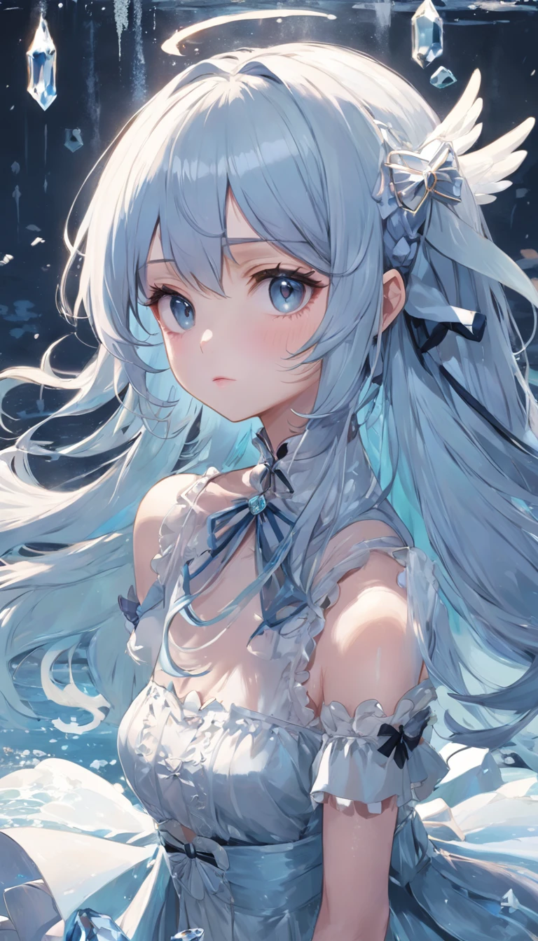 (((Masterpiece))),Best quality, illustration,(Beautiful detailed girl),beautiful detailed glow,detailed ice,beautiful detailed water,(Beautiful detailed eyes),Expressionless,beautiful detailed white gloves, (floating palaces:1.2),Azure hair,Disheveled hair,Long bangs, hairs between eyes, (azure dress),Black ribbon,white bowties,midriff,{{{half closed eyes}}},,big forhead,Blank stare,flower,Large top sleeve,(((ice crystal texture wings))),{{{{{{{{Iridescence and rainbow hair:2.5}}}}}}},{{{{{{detailed cute anime face}}}}}},{{}},{{{{{aquarelle_(mediating)}}}},(((Masterpiece)))