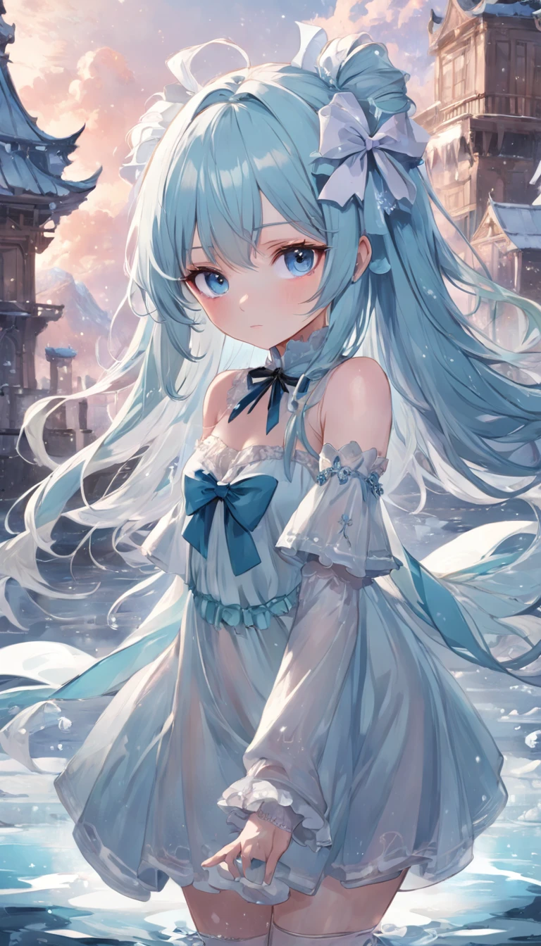 (((Masterpiece))),Best quality, illustration,(Beautiful detailed girl),beautiful detailed glow,detailed ice,beautiful detailed  water,(Beautiful detailed eyes),Expressionless,beautiful detailed white gloves, (floating palaces:1.2),Azure hair,Disheveled hair,Long bangs, hairs between eyes, (azure dress),Black ribbon,white bowties,midriff,{{{half closed eyes}}},,big forhead,Blank stare,flower,Large top sleeve,(((ice crystal texture wings))),{{{{{{{{Iridescence and rainbow hair:2.5}}}}}}},{{{{{{detailed cute anime face}}}}}},{{}},{{{{{aquarelle_(mediating)}}}},(((Masterpiece)))
