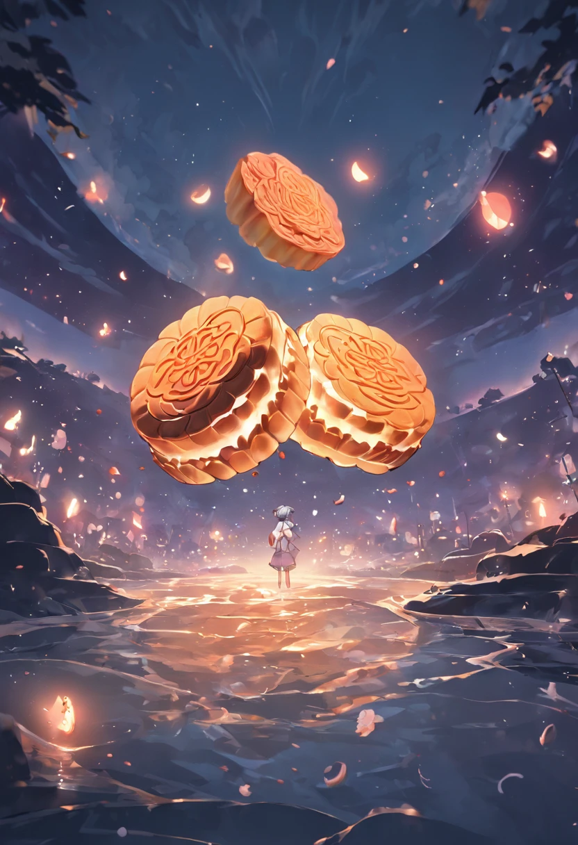 Mooncakes form a creative stage,Scene of a river flowing,Bright moon,best qualtiy,3D modeling rendering,C4D style,wide wide shot,8K,