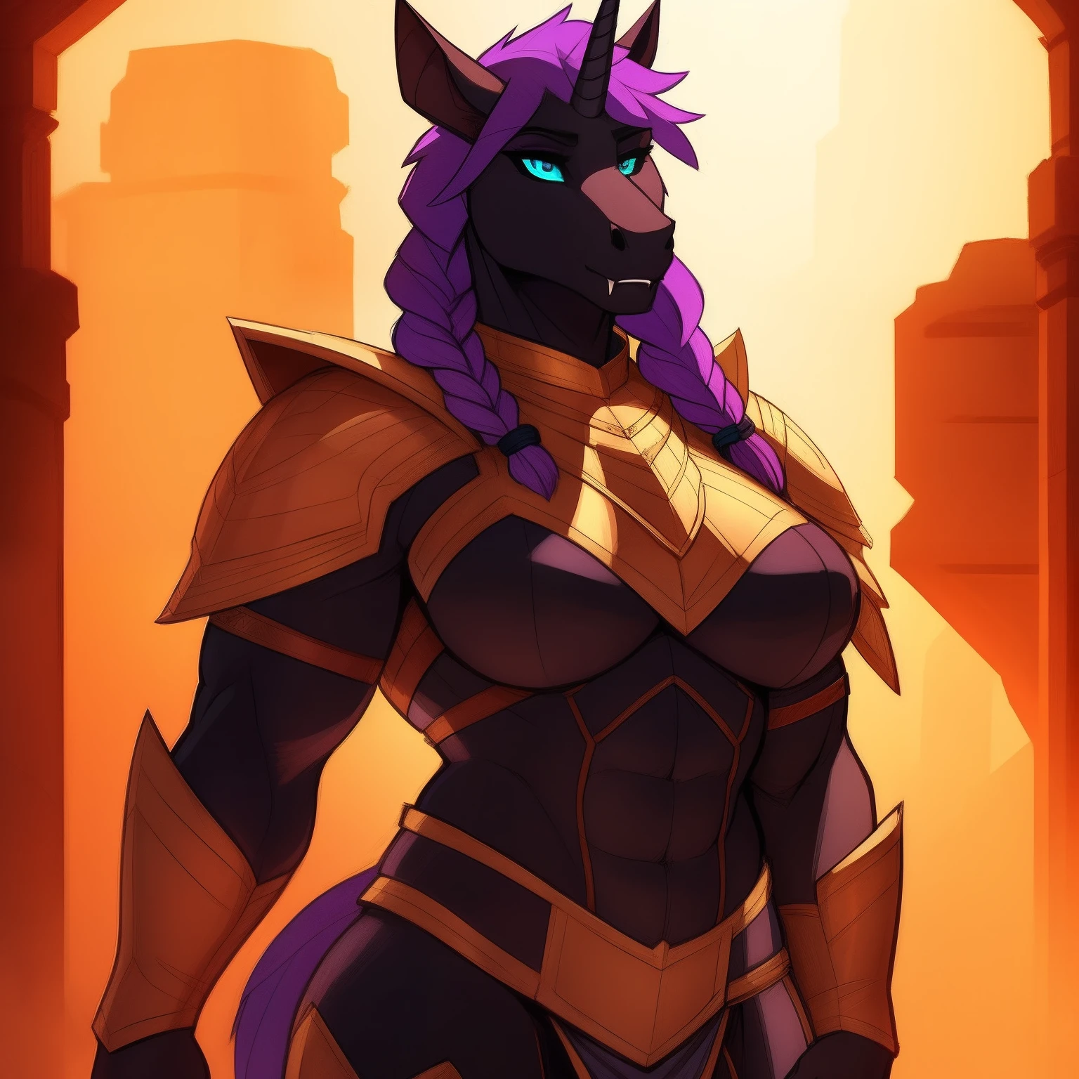 muscular_mature_horse female faded_dark_purple_mane long_single_braid black_furry_body teal_eyes cat_eyes solo Masterpiece best_quality absurdres highly_detailed cleanly_drawn_eyes fangs bat_wings purple_eyeshadow long_black_unicorn_horn horse_snout anthro_only seductive_gaze sultry large_breasts doublet shoulder_pads bracers greaves gorget by_claweddrip by_greasymojo, by_underscore-b by_runawaystride