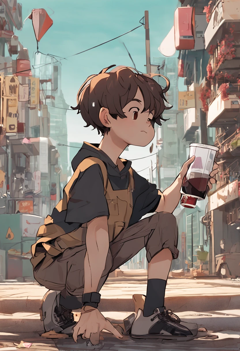 he's man short hair brown hair brown skin brown eyes messy hair He's pretty short 1,59 m he is in black pants and shirt, He's holding a water bottle