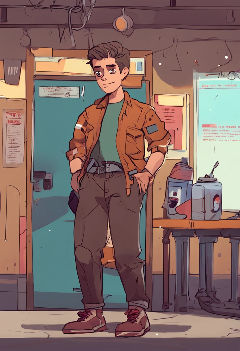 he's man short hair brown hair brown skin brown eyes messy hair He's pretty short 1,59 m he is in black pants and shirt, He's holding a water bottle