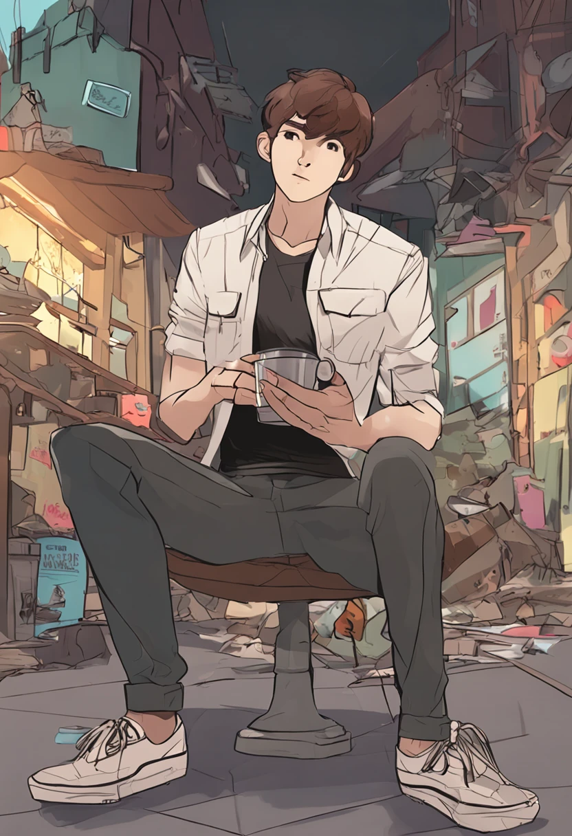 he's man short hair brown hair brown skin brown eyes messy hair He's pretty short 1,59 m he is in black pants and shirt, He's holding a water bottle