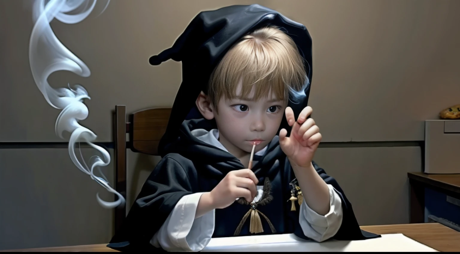 Child sticks out his finger;Smoke is produced by the fingertips;Children do experiments;Fun experiments;Stick out your finger;Smoke on the fingers;Wear black magic robes