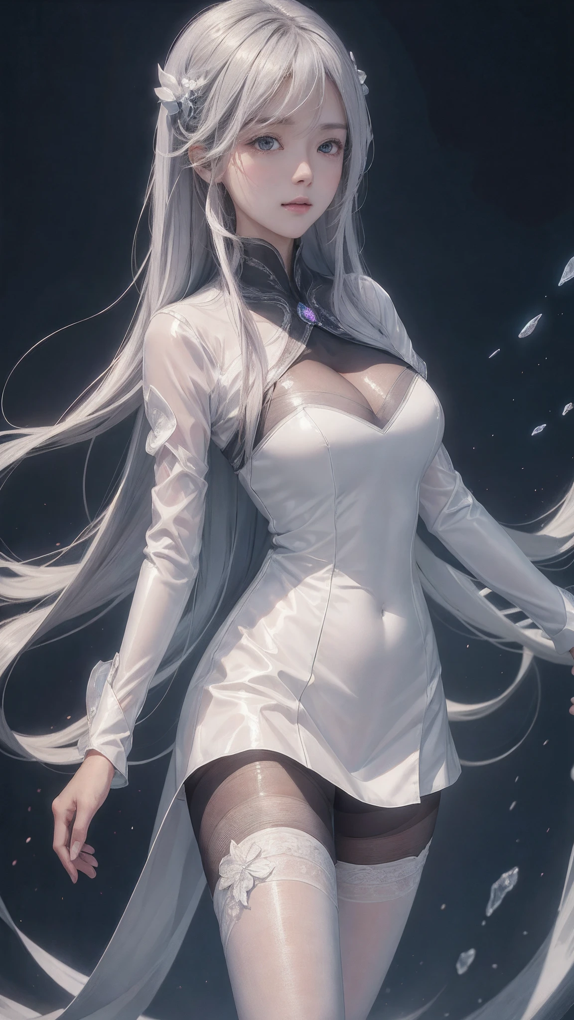 (Hyper-realistic) , (illustratio), (Increase the resolution), (8K), (extremely detaile), (Most Best Illustration), (美丽细致的眼睛), (best qualtiy), (ultra - detailed), (tmasterpiece), ( wallpaper), (详细的脸), 独奏,1个Giant Breast Girl, looking at viewert, exquisite detailing, 详细的脸, in the darkness nigth, White glowing girl，Wearing white tights，White latex tights，Transparent latex coat，Transparent black silk pantyhose，Black silk pantyhose，deep shading, low tune,pureerosfaceace_v1, ssmile,long whitr hair，Black shawl straight hair，46 points oblique bangs