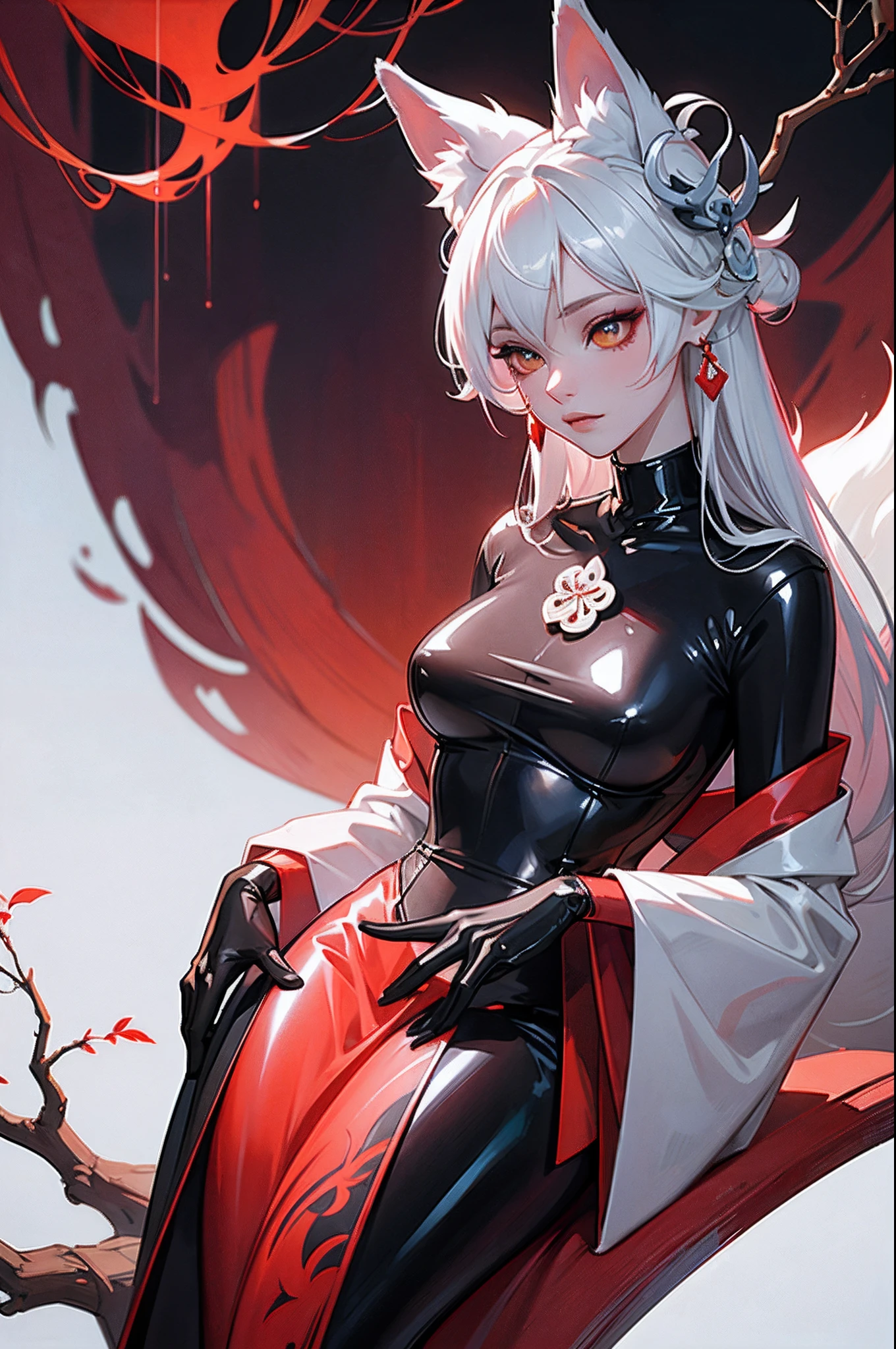 Painting of a fox with white hair sitting on a branch,ethereal fox,nine tail fox,Fox three-tailed fox,Onmyoji detailed art,Nine Tails,a beautiful artwork illustration,mythological creatures,red fox,Beautiful digital artwork,Exquisite digital illustration,mizutsune , Inspired by the mythical creature wildnet,Digital art on Pixiv,strong lights,hight contrast,Horror movie theme,Dark atmosphere,latex body suit,Black silk pantyhose,Exposed clothing,The material of the clothes is transparent,A latex coat where the skin can be seen,The latex material is extremely thin,clothes see-through,