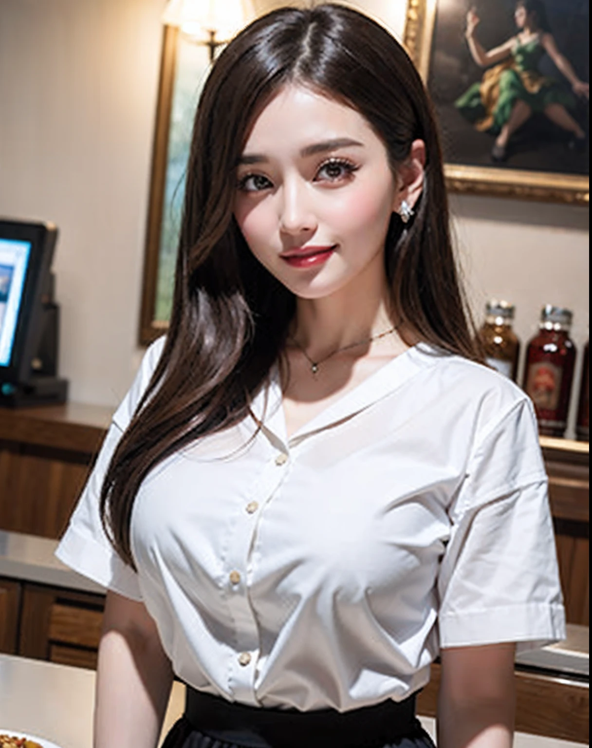(top-quality、8k、masterpiece:1.3)、Beautiful Women in Perfect Figure:1.4、dark brown hair、Wears a white shirt、in a cafe、extremely detailed face and skin、A detailed eye、二重まぶた、huge tit、a smile