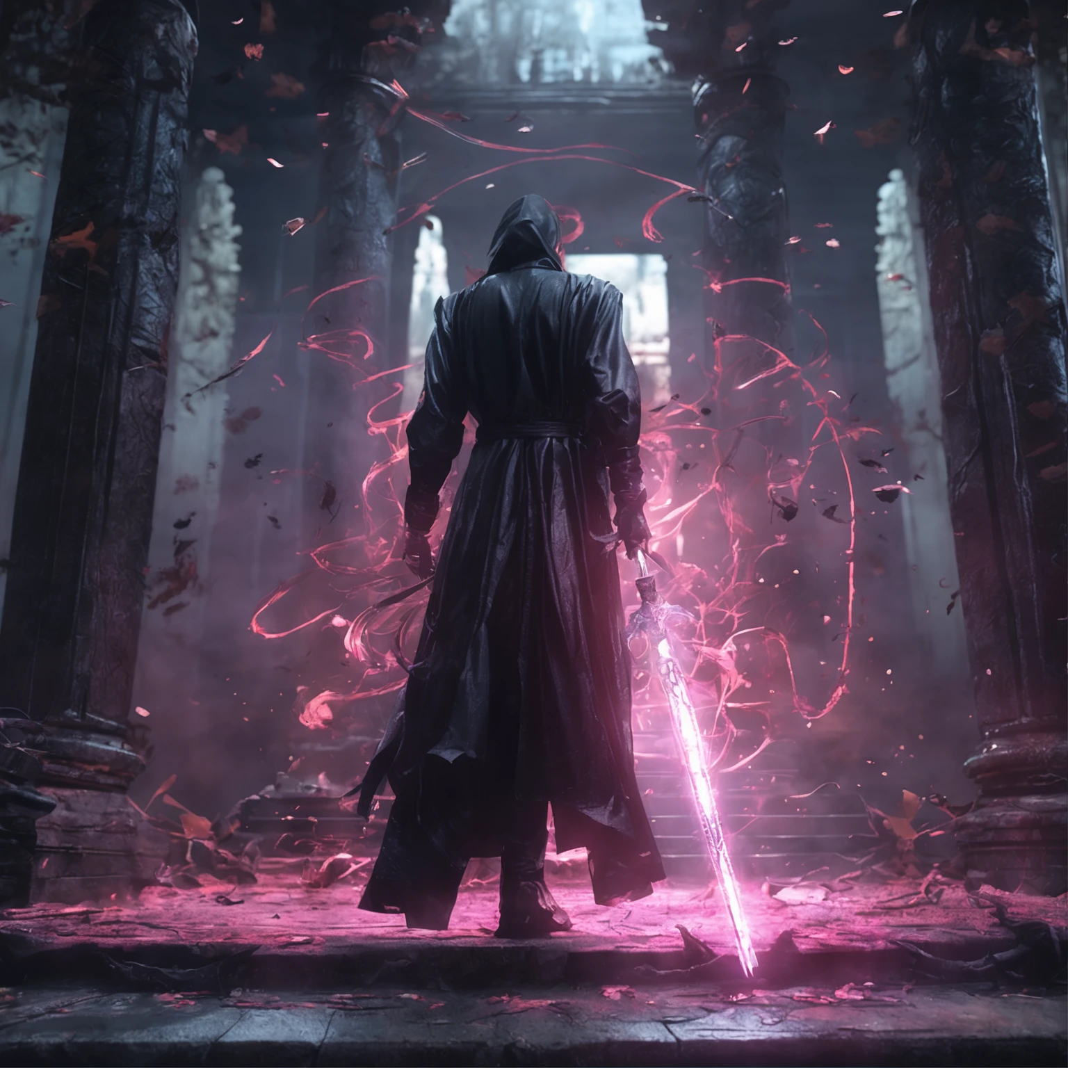 Best quality, Masterpiece, 超高分辨率, (photograph realistic:1.4), surrealism, Dream-like,fusionart, Shadowdancer, shadow magic, darkness control, stealth, shadowstep, umbral spells, long sword,