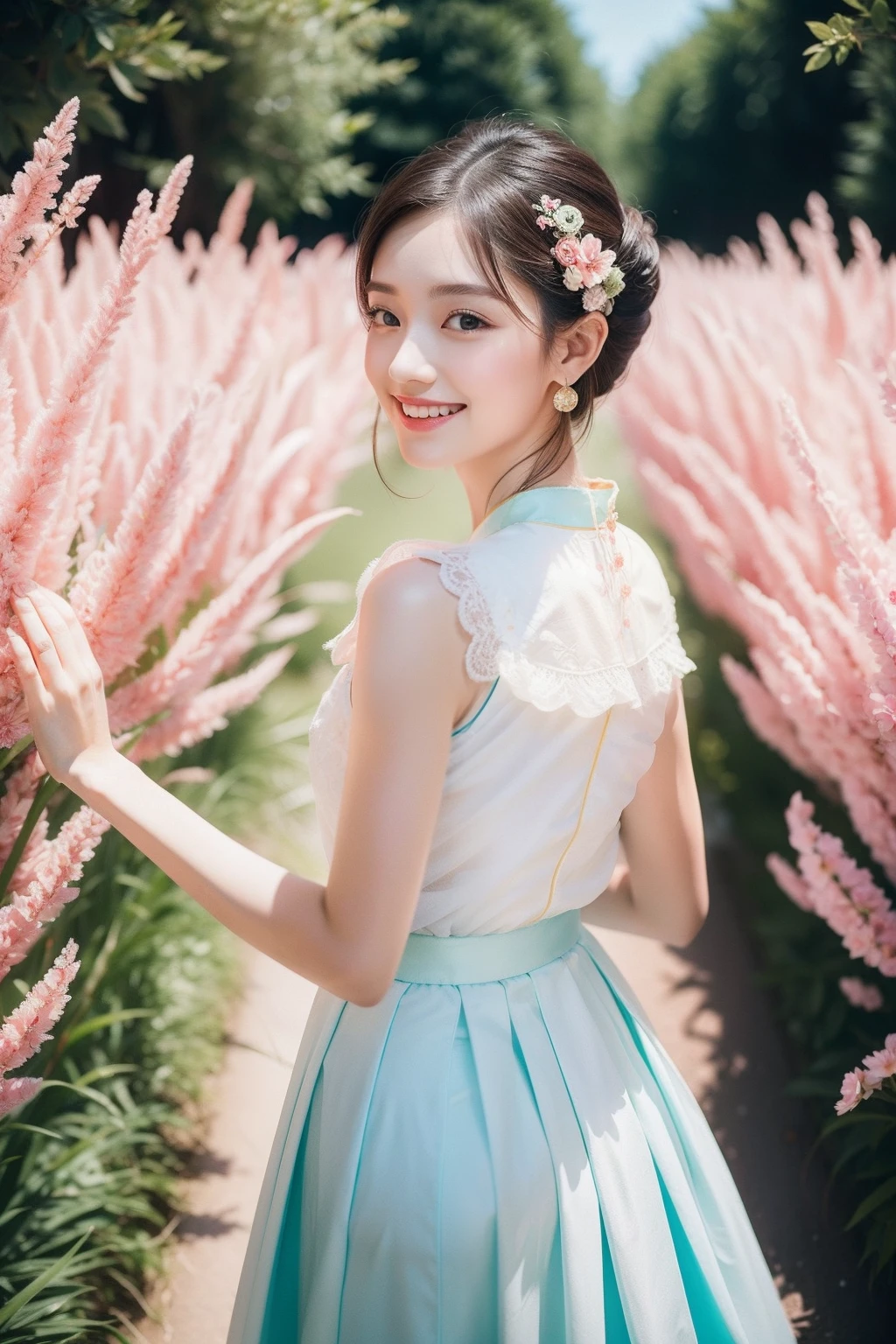 (8K分辨率,close-up all over the body),(1womanl,18yr old,((Soft and cute,s delicate face,详细的脸),confident smile),Fair smooth skin,(Best Skin Type:1.21),(Vintage bun,Exaggerated traditional hairstyle,Pair it with extremely complex headgear),((Luxurious Hanfu skirt:(High-waisted skirt:Sui and Tang Dynasty women's popular fashion,The aristocratic grand dress that was popular at the same time),(materpiece:Chiffon,Silky,Ultrathin,softness)),Elongated earrings,(Girl in a sea of flowers,Natural dependence,Naturally placed hands),delicate artwork,perfect hand,Ultra-fine clothing material),(lakeside,Peach blossom forest full of flowers,Exquisite details of the setting),(Professional lighting,动态照明),((Dignified and elegant,white colors,in pink,cyan colors))),(Golden section,Cinema lenses,Hasselblad photograp,tmasterpiece:1.3),(Fairy style,vintage art,trendsetting,Official propaganda,Art platform)