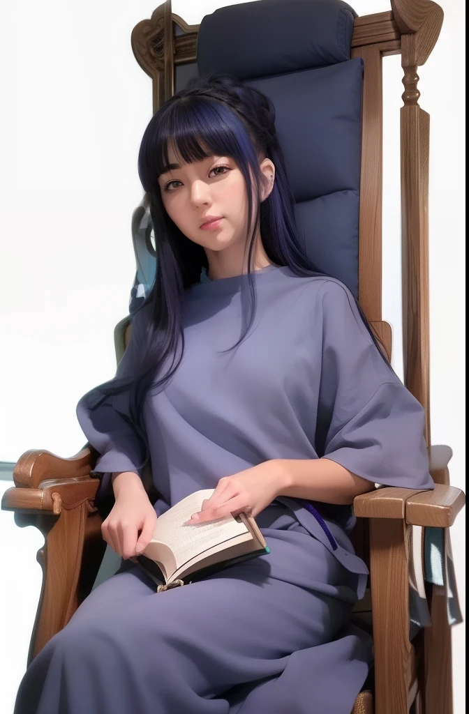 Hinata hyuga A woman was sitting in a silver chair. He's using a deep blue sea cedar. He was seen with the book in his hand. She had blue hair that was long straight unlaced. He had a white as snow. Her cheeks are blushing red and her lips are pink. He was looking into the camera. So pretty and realistic