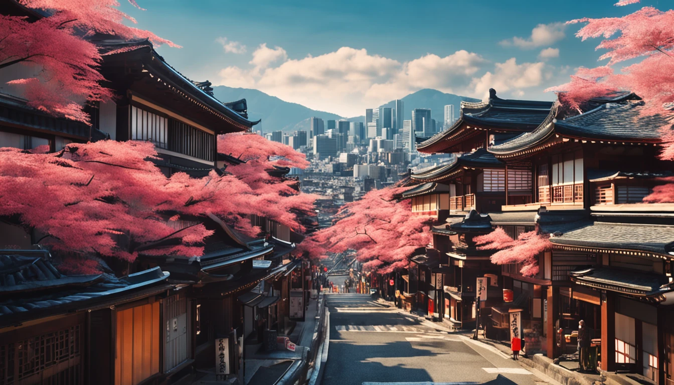 Japanese traditional cityscape, with bustling buildings, bathed in the warm midday sunlight, offering a magnificent view from above."