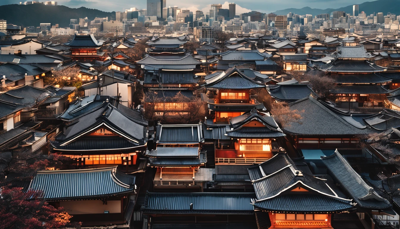 Japanese traditional cityscape, with bustling buildings, bathed in the warm midday sunlight, offering a magnificent view from above."