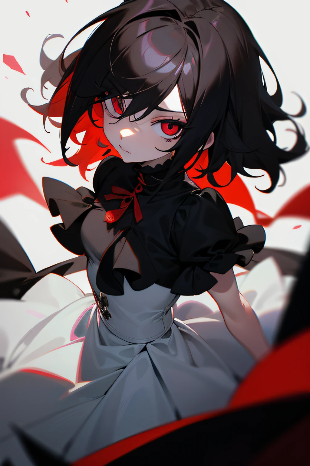 chica de pelo negro largo, ojos rojos. tes blanca, sadistic expression, goth clothes