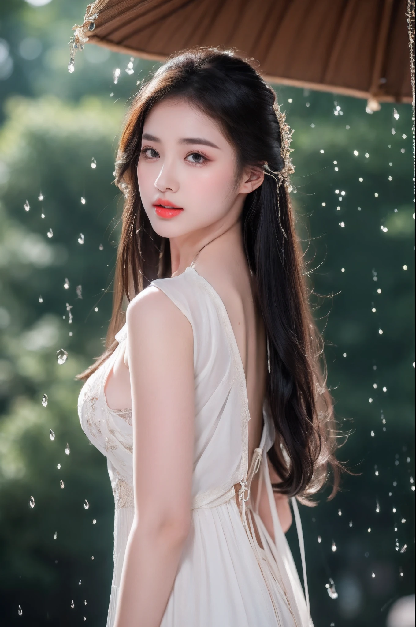A woman is in the water wearing a skin-tight white dress.