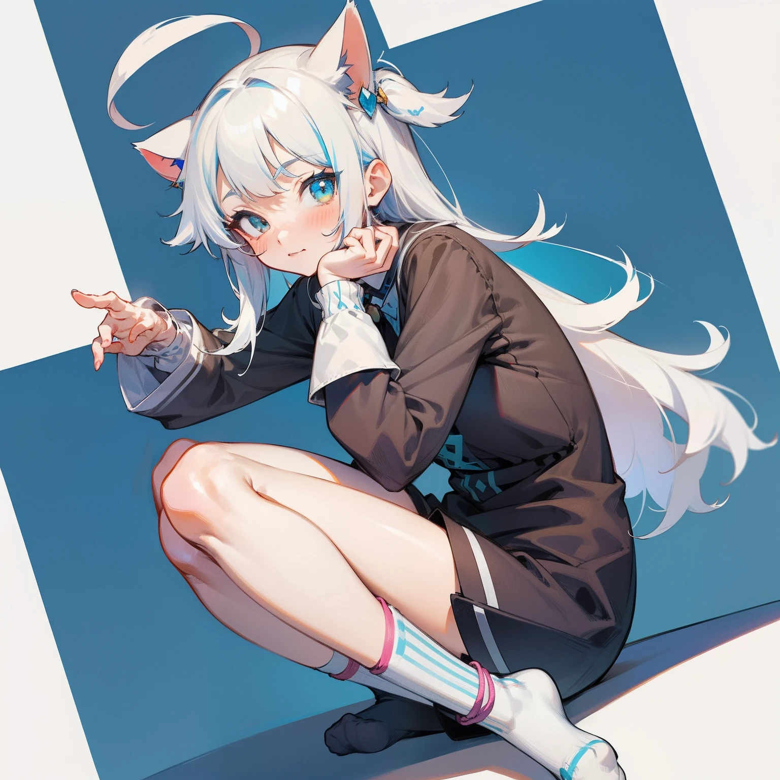 Gawr gura vtuber doing a cat pose with her hands while crossing her legs with cute socks looking down at us