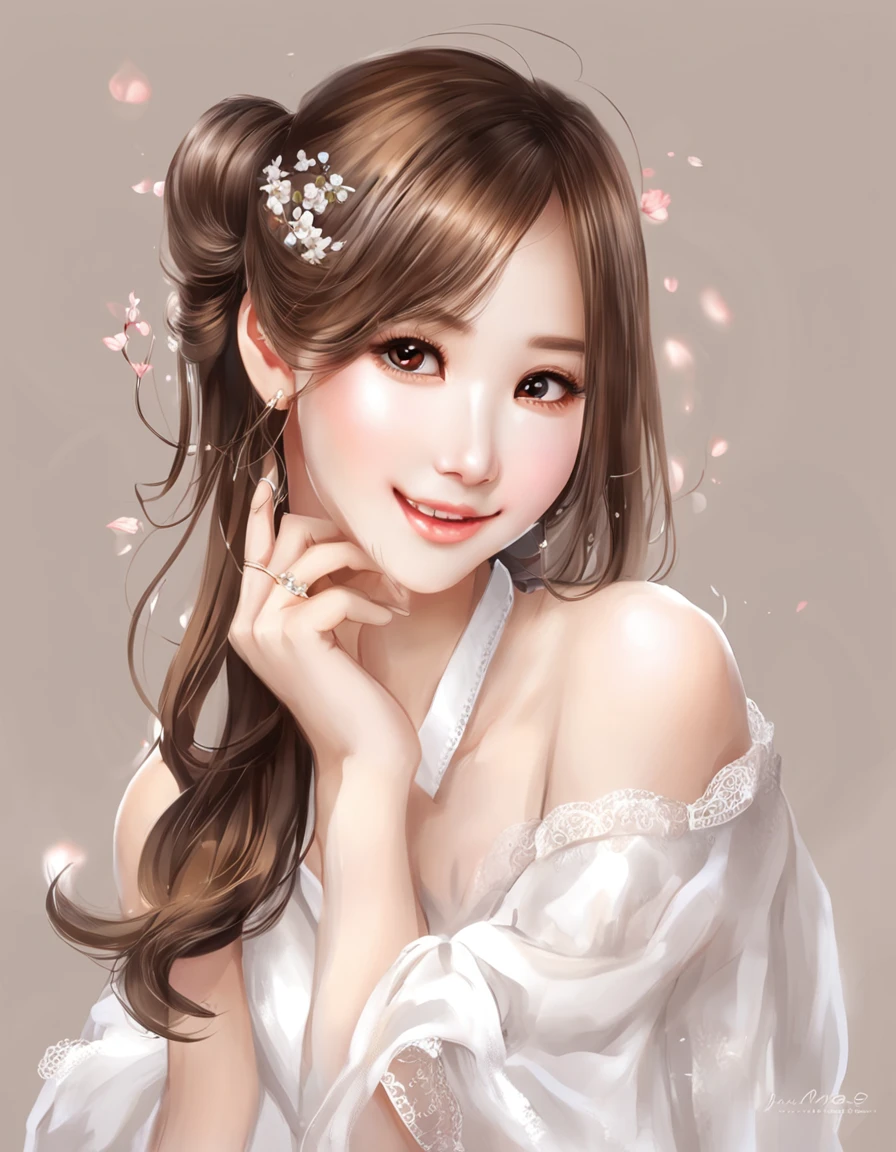 White background、blurry backround, top-quality、超A high resolution、Beautie、cute little、独奏、A Japanese Lady。15yo student、hi-school girl、A smile。Beautiful young woman model。bright expression、photorealisim、Extraordinary beautiful girl、beautiful expression、(pureerosface)、Glowing white shiny skin、Light Brown Straight Hair、finer hair、Attractive beautiful brown eyes、Double eyelids、small tits、fashionGirl。Wears a white shirt。Close-up portrait。Healthy face。Skin Care Cosmetics、profetional lighting。