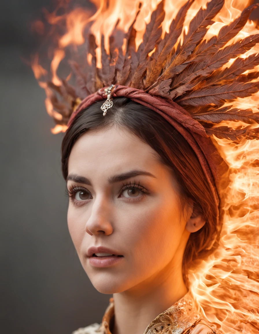 Woman with bright fire on her head, head exploding, wide eyes, shocked expression on his face;
