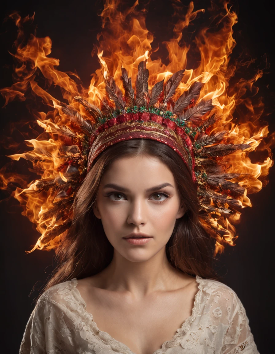 Woman with bright fire on her head, head exploding, wide eyes, shocked expression on his face;