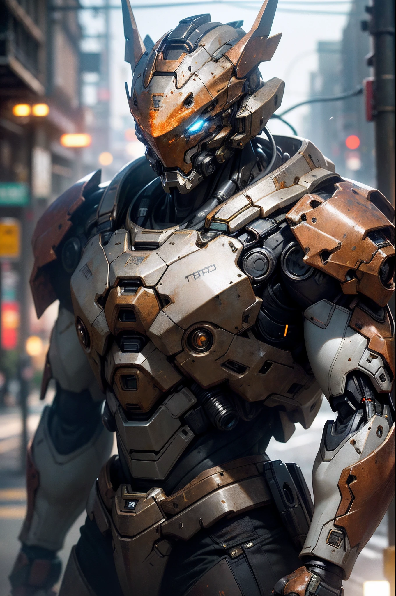 Portrait photo of an alpha male, perfect eyes, in a worn mecha suit, ((light bokeh)), intricate, (steel metal [rust]), elegant, sharp focus, photo by greg rutkowski, soft lighting, vibrant colors, masterpiece, ((streets)), cowboy shot, dynamic pose,