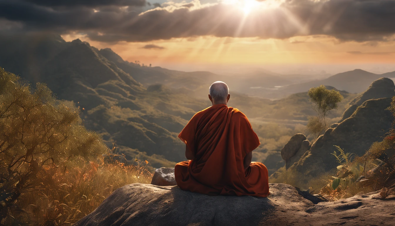 Mature monk sitting in meditation position, contemplando um horizonte lindo com o sol se pondo, Man is in deep connection with the divine, The landscape is ultra detailed, homem ultra realista, tudo bem detalhado e lindo, ultra qualidade. Realismo 8K