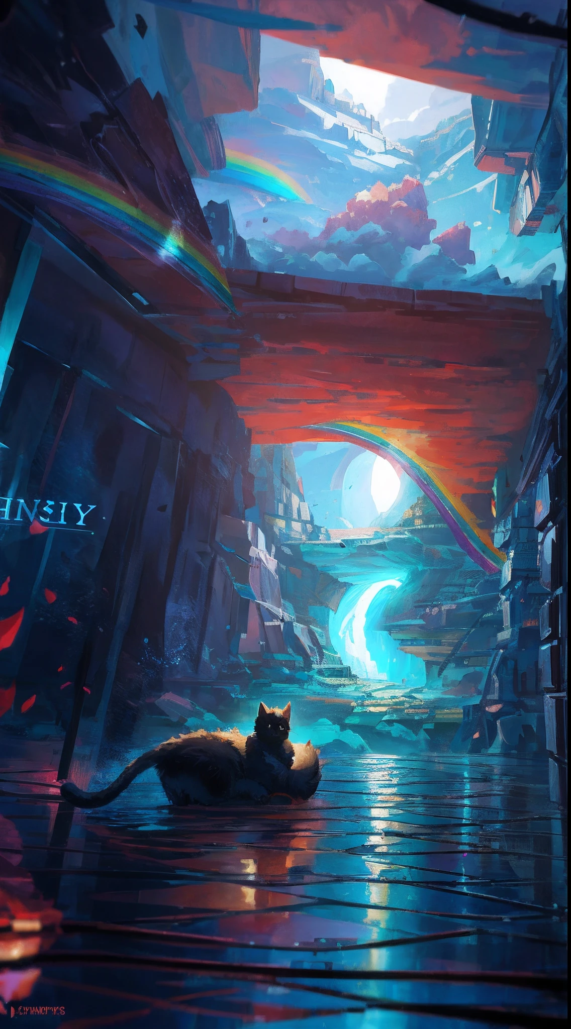 ((Rainbow Daytime Sky))、Anime girl cuddling a cat,Near Future City、 makoto shinkai cyril rolando, anime art wallpaper 4k, anime art wallpaper 4k, Anime art wallpaper 8k, inspired by Cyril Rolando, in the style dan mumford artwork, amazing wallpapers, by Yuumei
