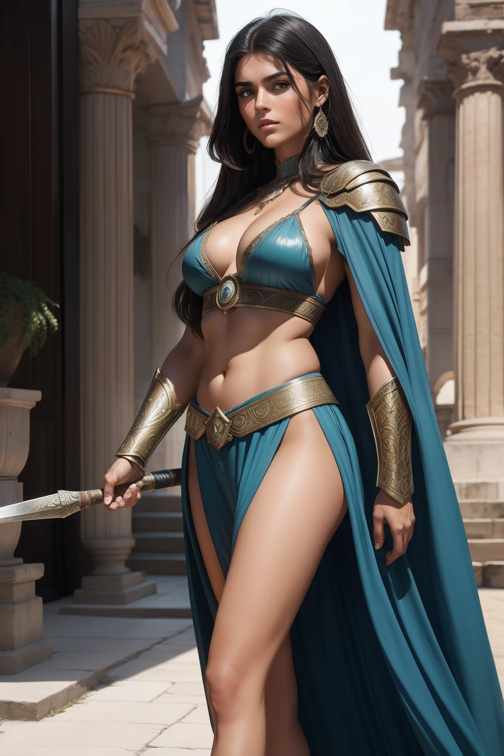 illustration: John Buscema. barbarous,Homem viril,cabelos pretos longos,Olhos escuros,walk away,wearing the armor of a centurion of the Roman Empire,segurando uma espada afiada,At her feet is a girl of exotic beauty, cabelos pretos longos, olhos azuis turquesa, Corpo voluptuoso,Seios grandes,Escravo submisso,Place de la voie romaine in the middle of the morning (arte estilo anos 70 | )