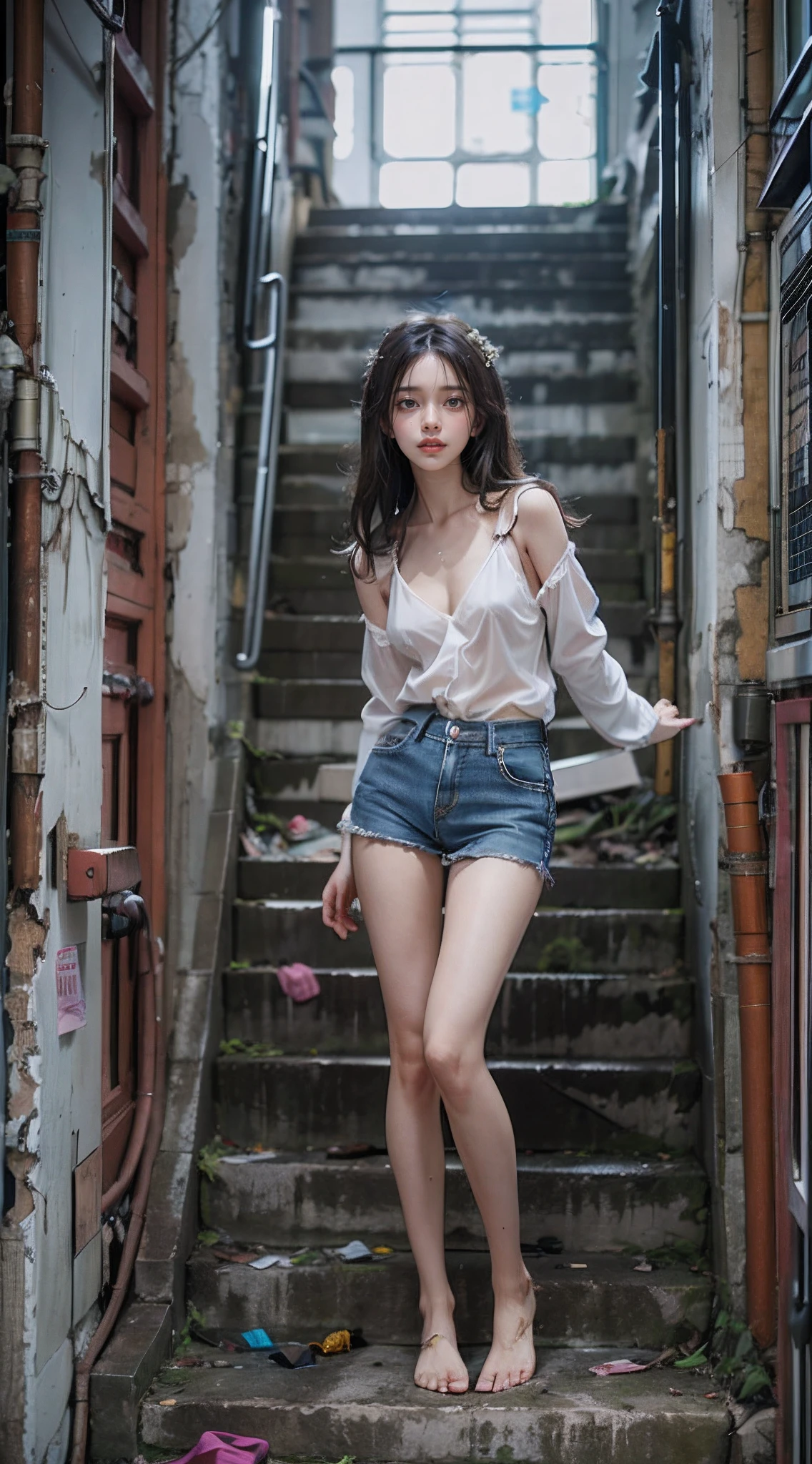tmasterpiece，Abandoned building stairwell，Garbage all over the ground，grimy，Very beautiful 30-year-old Korean beauty，full-body portraits，facing at camera，Sexy standing pose，Slim legs，very beautiful long slim legs，The barefoot，Naked all over the body，full body exposed，exhibitionists，nakeness，fullnude