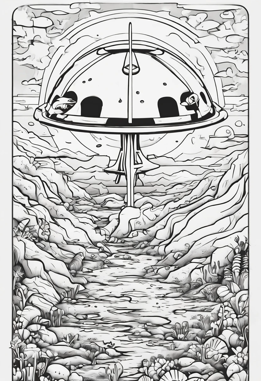 drawing for coloring, no color, ufo in space, cartoon style, black and white, few details, no shading, no color, white background