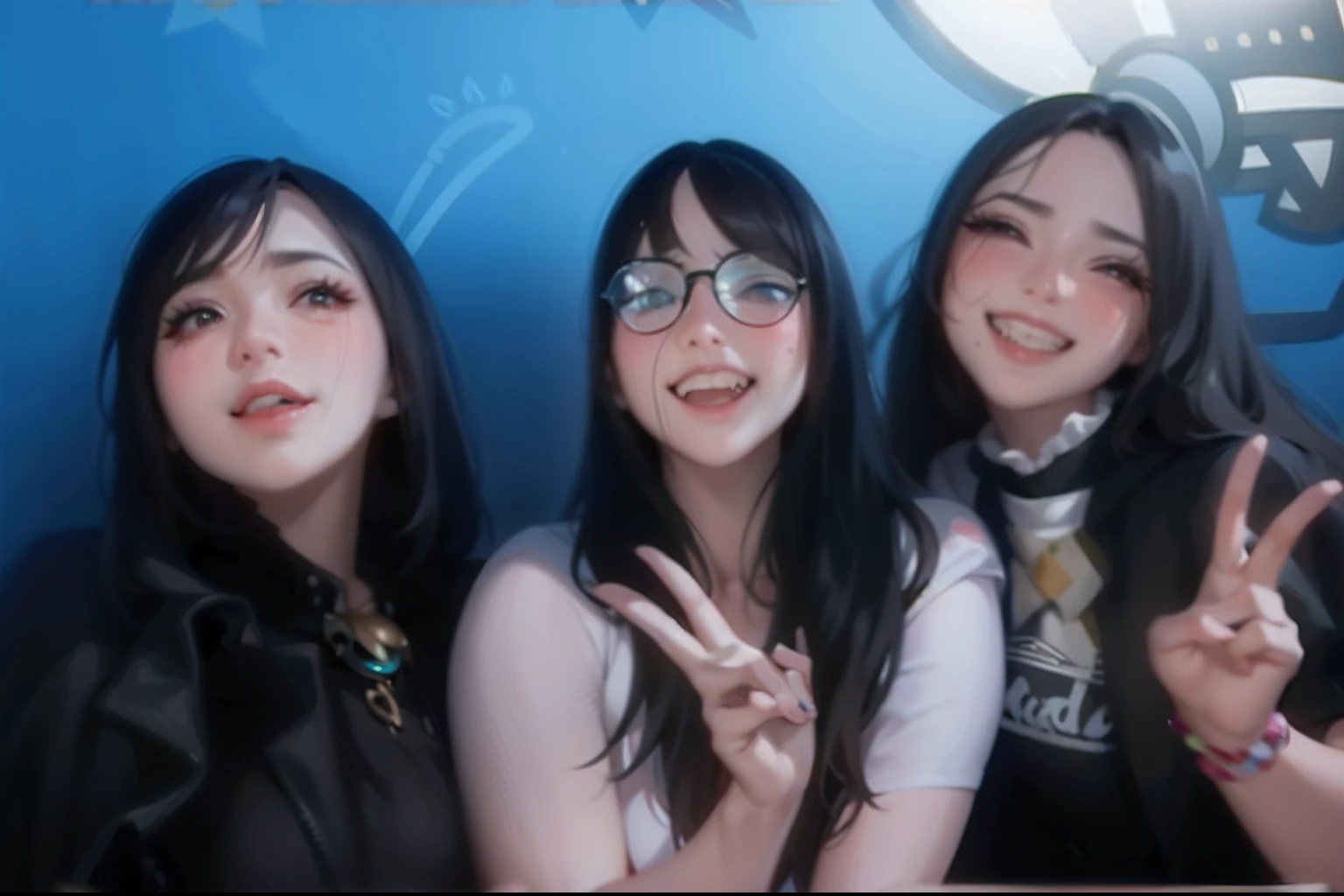 Three women posing for a photo with their hands up, inspired by Glòria Muñoz, linda Delphine, imagem de qualidade muito baixa, tiktok video, Ela tem cabelo preto com franja, foto do perfil, r / Minis pintados, DDLC, foto de baixa qualidade, suave em _ O pano de fundo, youtuber