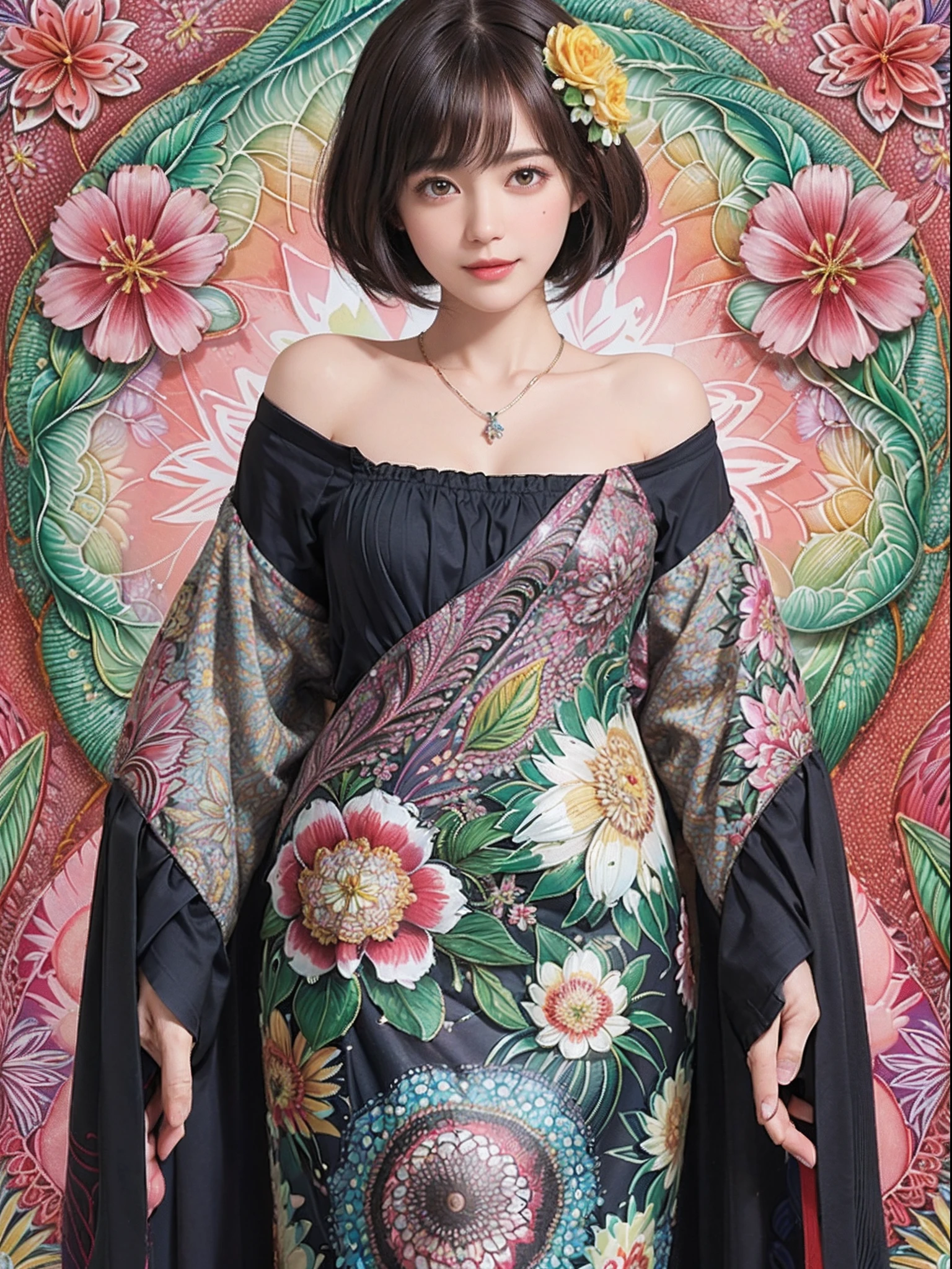 (Ultra detailed backgrounds、detailedbackground)、absurderes、Hi-Res、ultra-detailliert、ighly detailed、1womanl、(Floral clothing)、(Zentangle:1.2)、(fractals:1.2)、(colourfull)、(A dark-haired、Very - Shorthair:1.3)、A slight smil