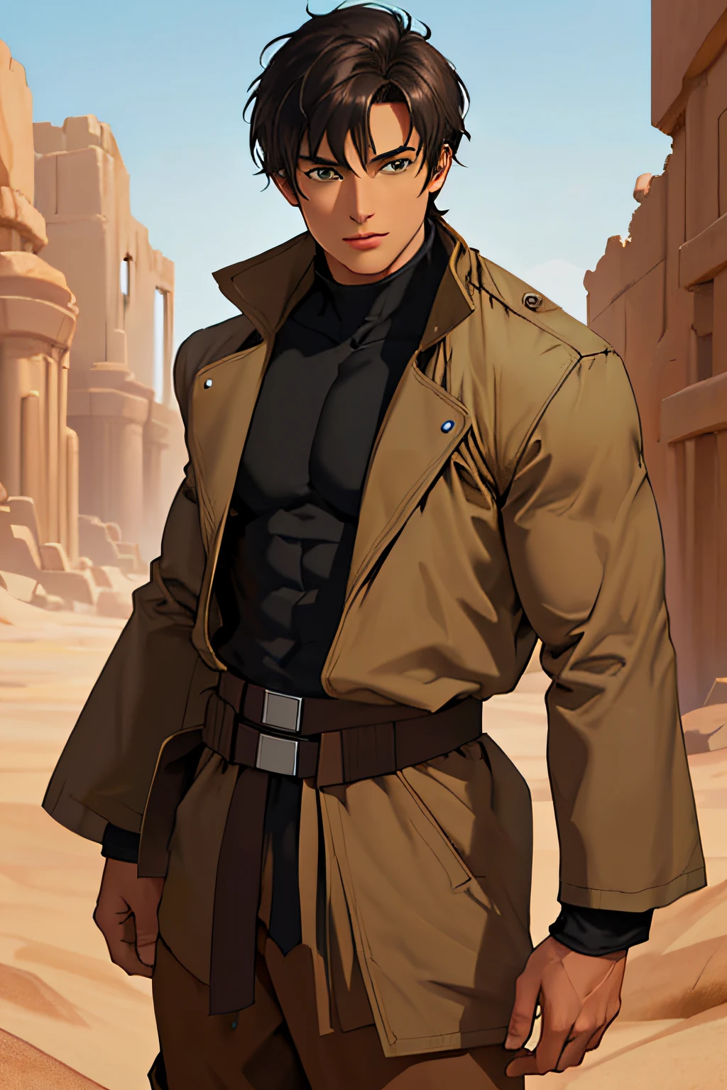 (masterpiece, Best Quality), (depth of fields:1.2), solid background, Ruins of a Jedi temple with a rocky desert. An attractive adult male in his 30s, (30 years old) (1male man) with tan skin and short jet black hair. Green eyes (detailed eye) big and delicate eyes, open your eyes, smooth and delicate skin, octagonal face. He wears future clothes trench coat muscular chest, muscular abs, muscular arms. Jedi style baggy brown pants and light brown cloth belt. ((Future style clothes))