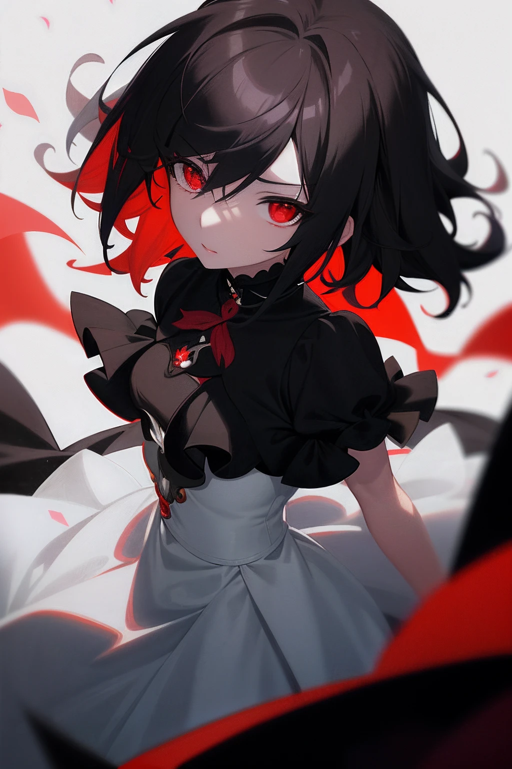 Chica de anime con ojos rojos y vestido negro sosteniendo un paraguas, con ojos rojos brillantes, Anime Moe Artstyle, Arte Zerochan, con ojos rojos brillantes, Atractivo Matoi Ryuko, Guweiz en Pixiv Artstation, Chica de anime demonio, Matoi Ryuko, Honkai Impact 3rd Art Style Wlop, blanco y negro y rojo, Krenzcushart