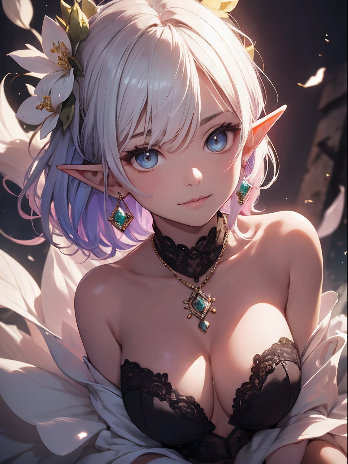 Cute elf girl,short detailed hair,Exquisite Hair,Colored inner hair,Pick and dye your hair,Colorful hair,With Ultra HD details,Professional lighting and lighting。Delicate, Tall and sexy,Stockings,Delicate earrings,Delicate necklace,light breeze,Brighter scenes,More refined facial features,eyes with brightness,Light smile,anaglyph,tachi-e,Atmospheric perspective,High detail backlight,Chiaroscuro,full bloom,Ray trajectories,Perspective top-down,super detailing、acurate、best qualityer、Textured epidermis、Anatomically correct