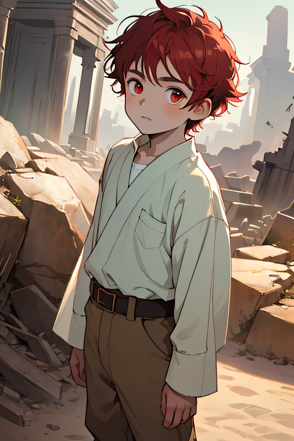(masterpiece, Best Quality), (depth of fields:1.2) The whole body of boy, (younge boy), teenager face, delicate big eyes, red eyes, open your eyes, smooth and delicate skin, short square face, calm expression, infancy, young age, short round face, flat chin, finely detaild face, slender body, short bright red hair, sun light, vivd colour, (depth of fields:1.2), solid background, a boy, V-neck linen shirt, pale green. Pale skin. Ruins of a Jedi temple with a rocky desert, Jedi style baggy brown pants and light brown cloth belt.