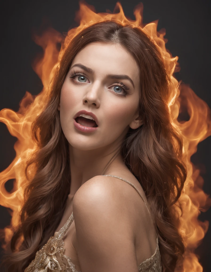 Woman with bright fire in her head screaming desperately wide eyes shocked expression on her face