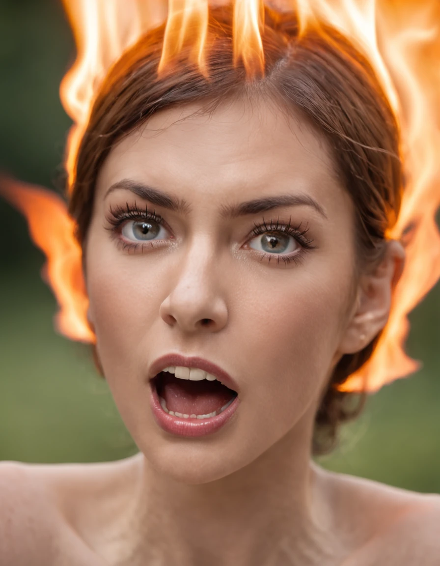 Woman with bright fire in her head screaming desperately wide eyes shocked expression on her face