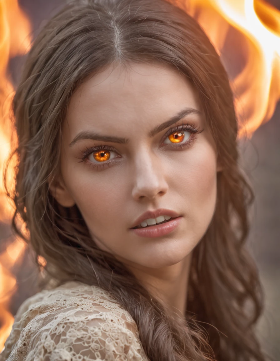 Woman with bright fire in her head screaming desperately wide eyes shocked expression on her face