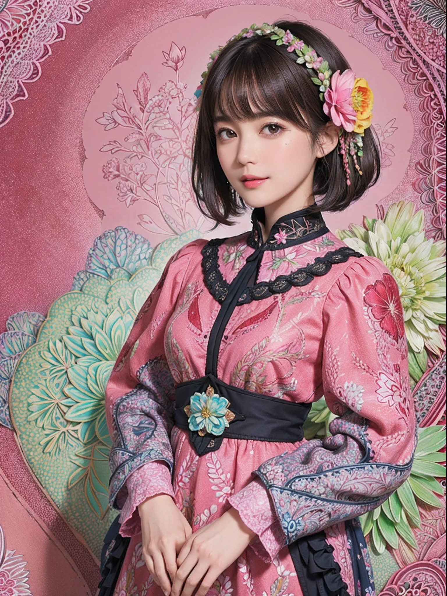 (Ultra detailed backgrounds、detailedbackground)、absurderes、Hi-Res、ultra-detailliert、ighly detailed、1womanl、(Floral clothing)、(Zentangle:1.2)、(fractals:1.2)、(colourfull)、(A dark-haired、Very - Shorthair:1.3)、A slight smil