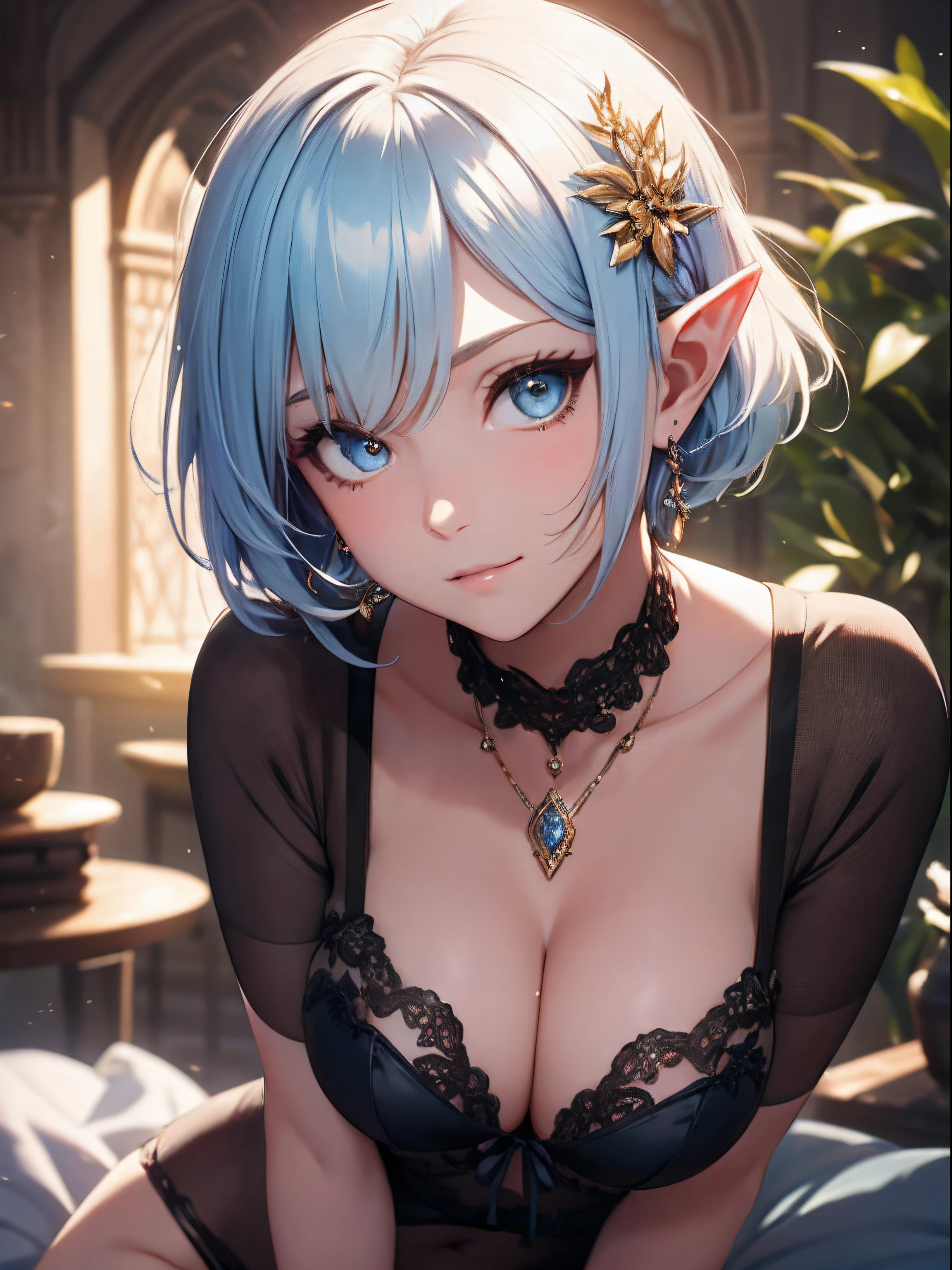 Cute elf girl，short detailed hair，Exquisite Hair，Colored inner hair，Pick and dye your hair，Colorful hair，With Ultra HD details，Professional lighting and lighting。Delicate, Tall and sexy，Stockings，Delicate earrings，Delicate necklace，light breeze，Brighter scenes，More refined facial features，eyes with brightness，Light smile，anaglyph，tachi-e，Atmospheric perspective，High detail backlight，Chiaroscuro，full bloom，Ray trajectories，Perspective top-down，super detailing、acurate、best qualityer、Textured epidermis、Anatomically correct
