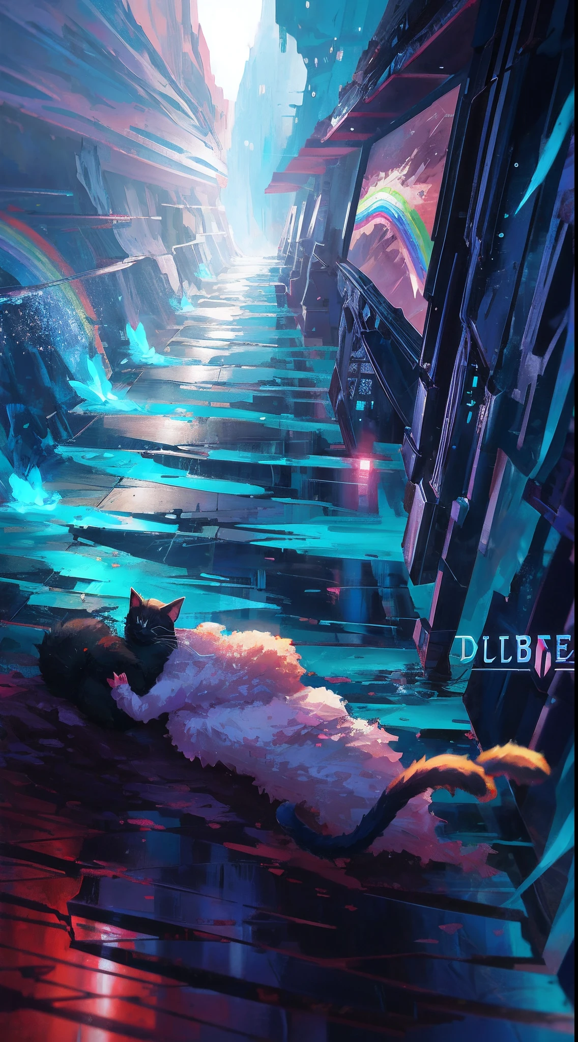 ((Rainbow Daytime Sky))、Anime girl cuddling a cat,Near Future City、 makoto shinkai cyril rolando, anime art wallpaper 4k, anime art wallpaper 4k, Anime art wallpaper 8k, inspired by Cyril Rolando, in the style dan mumford artwork, amazing wallpapers, by Yuumei