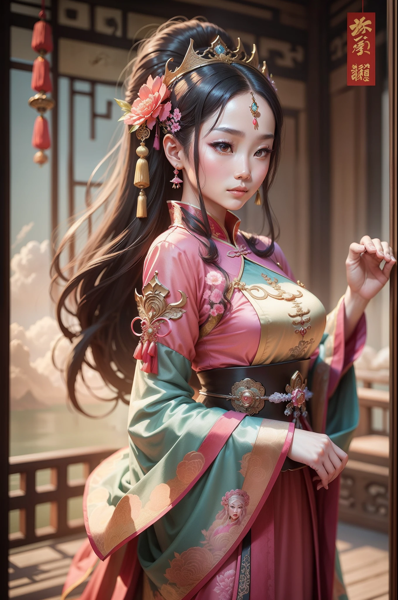 A woman in a pink dress stands in the clouds, Princesa chinesa antiga, China Princess, an ancient Chinese goddess, Chinese fantasy, Palace , A girl in Hanfu, dreamland of chinese, chinese empress, ancient china art style, Chinese mythology, Wearing ancient Chinese clothes, Chinese style painting, a beautiful fantasy empress, ancient chinese beauti