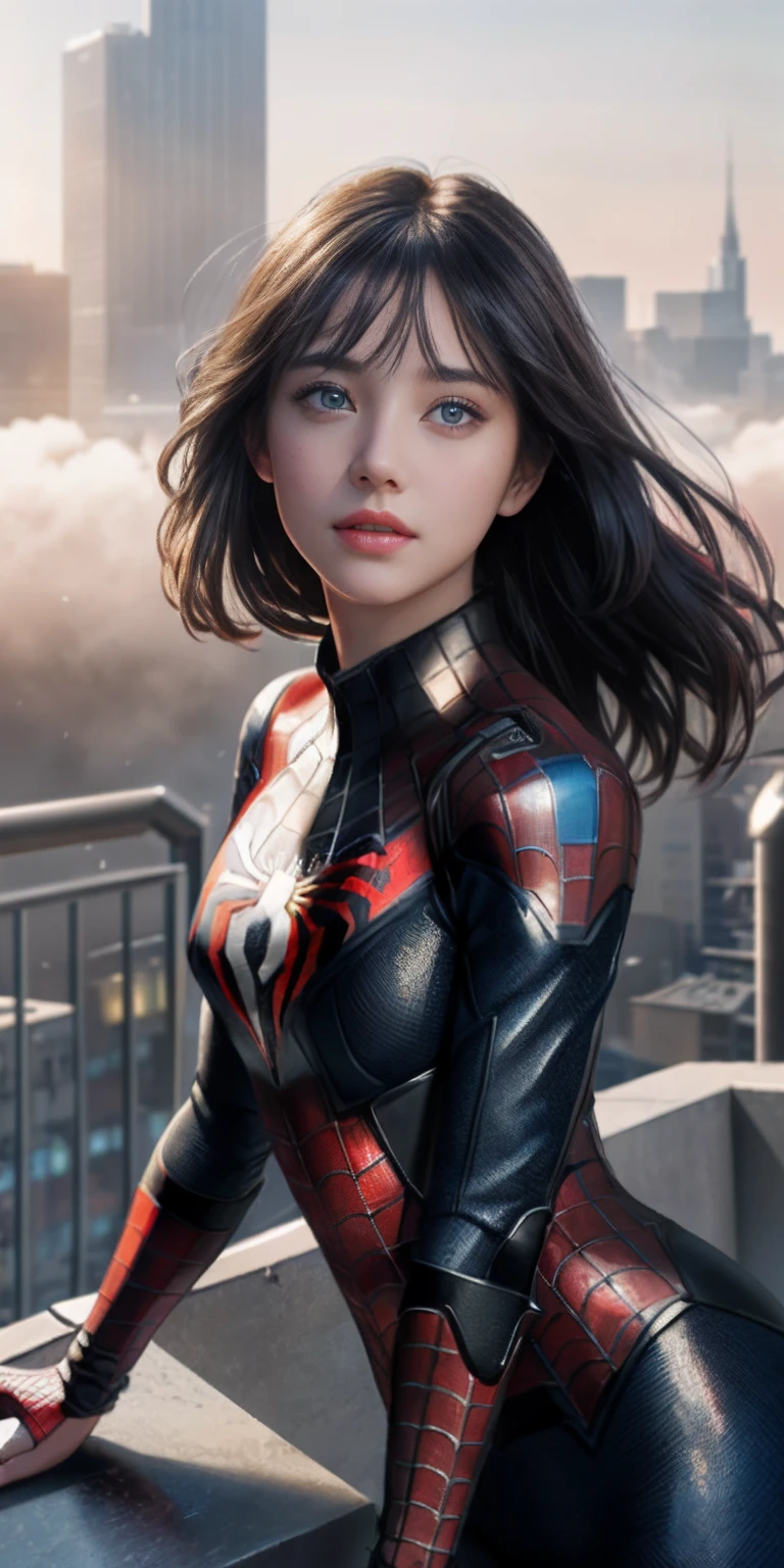 (1girl:1.3), Solo, (((Very detailed face)))), ((Very detailed eyes and face)))), Beautiful detail eyes, Body parts__, Official art, Unified 8k wallpaper, Super detailed, beautiful and beautiful, beautiful, masterpiece, best quality, original, masterpiece, super fine photo, best quality, super high resolution, realistic realism, sunlight, full body portrait, amazing beauty, dynamic pose, delicate face, vibrant eyes, (from the front), She wears Spider-Man suit, red and black color scheme, spider, very detailed city roof background, rooftop, overlooking the city, detailed face, detailed complex busy background, messy, gorgeous, milky white, highly detailed skin, realistic skin details, visible pores, clear focus, volumetric fog, 8k uhd, DSLR, high quality, film grain, fair skin, photo realism, lomography, futuristic dystopian megalopolis, translucent