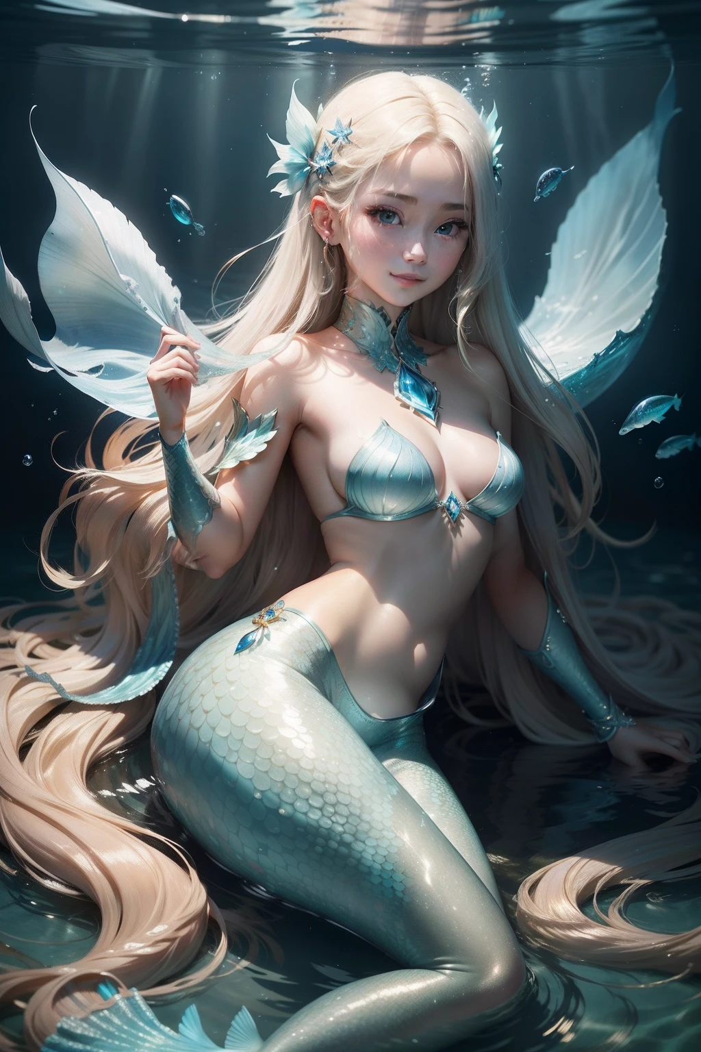 In a tranquil underwater world,A mermaid swims gracefully。Her body sparkled in the faint sunlight,These rays penetrate the surface of the water,A series of beams of light are formed,Illuminated her body。
Her long blonde hair flowed like a waterfall,Drift with the current。These blonde hairs didn't just grow to her waist,It also creates a fascinating sheen in the water。Every hair is meticulously detailed,As if it was drawn with silk threads。
Her face was as beautiful as an angel,The eyes are large and bright,The pupil is a deep sapphire blue。The bridge of her nose is high,slightly upturned lips,Form a sweet smile。Her skin takes on a milky white color underwater,It contrasts with the surrounding blue waters。
her upper body bare,The scales on the chest are like a delicate piece of jewelry,glittery。Her fishtail part is a dark blue,The scales are neatly arranged,Each piece is like a tiny gem。
The overall picture gives a dreamy and real feeling,It's as if this mermaid is right in front of your eyes,You can touch her skin and hair。